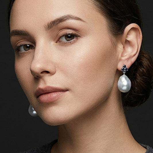 South Sea Baroque Pearl and Dark Blue Sapphire Cluster Drop Earrings in 18K White Gold