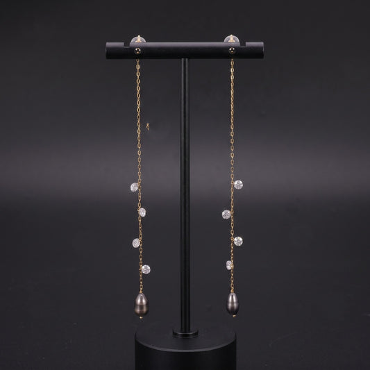 18K Gold Threader Earrings with Tahitian Keshi and Lab Grown Diamonds