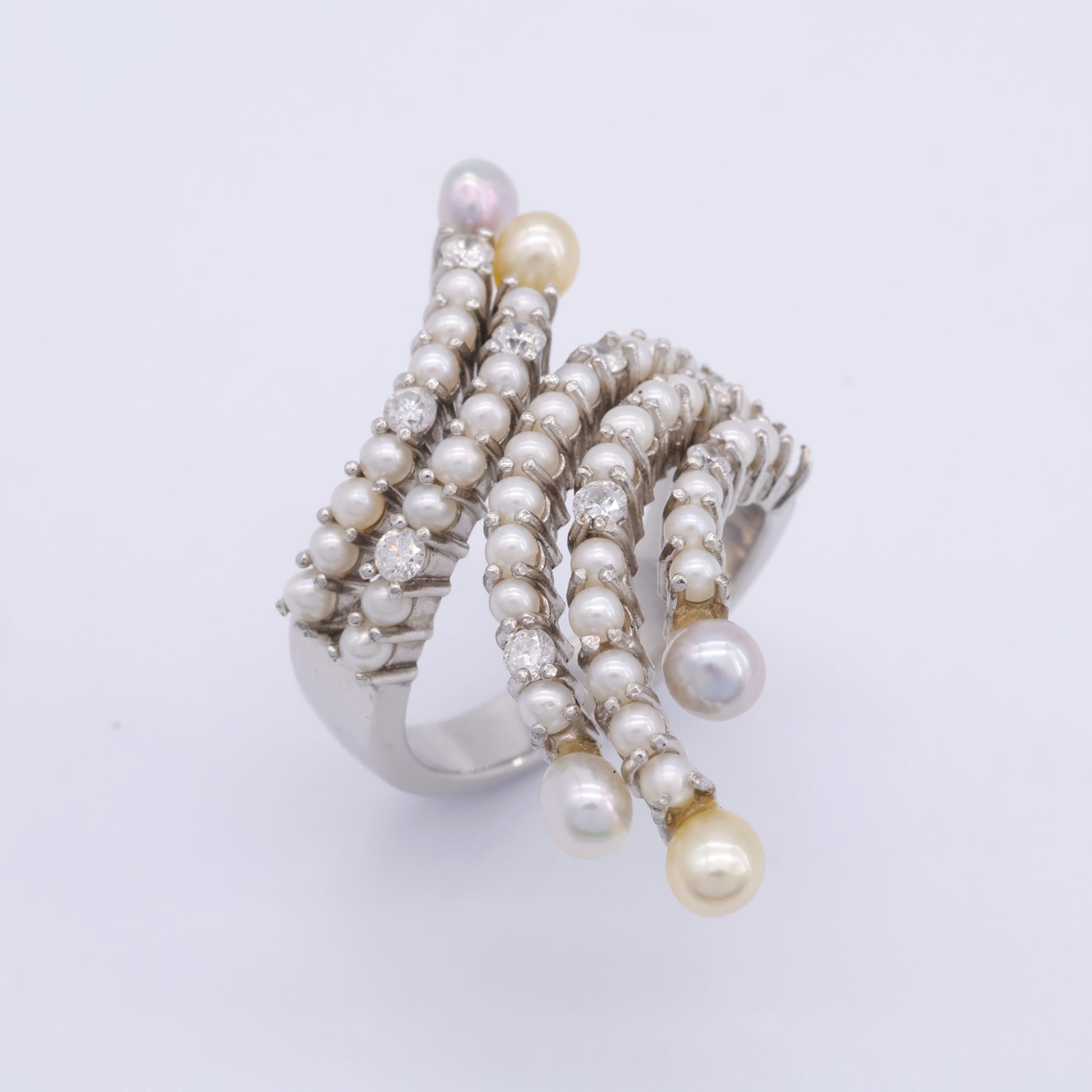 Platinum South Sea keshi pearl ring with twisted multi-row band and diamonds