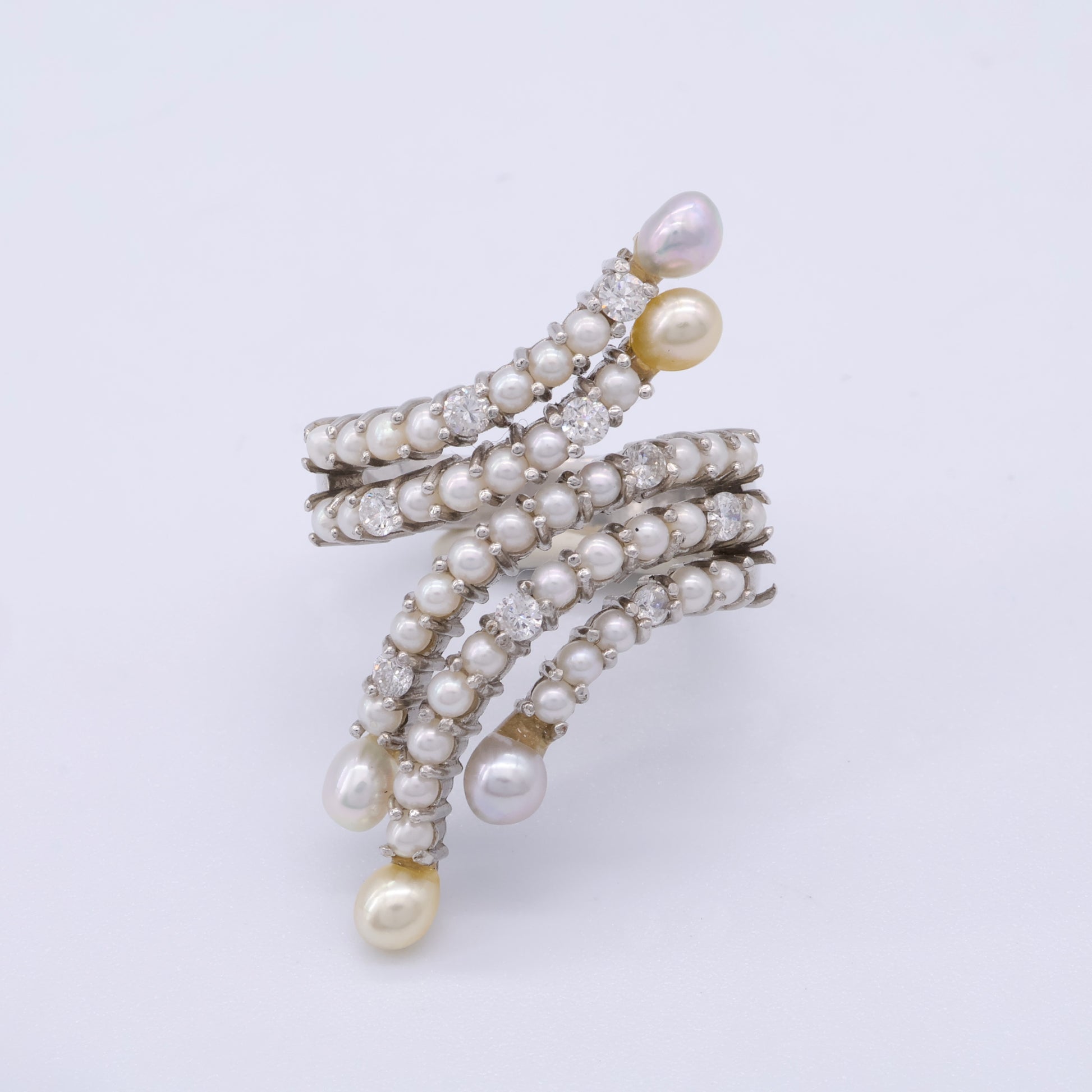 Platinum South Sea keshi pearl ring with twisted multi-row band and diamonds