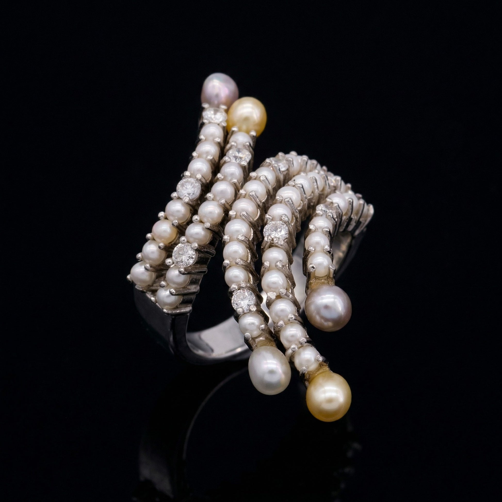 Platinum South Sea keshi pearl ring with twisted multi-row band and diamonds