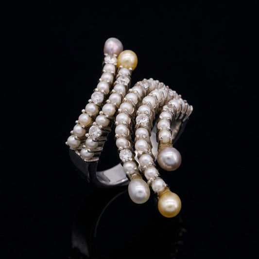Multi Row Ring with Diamonds and Keshi Pearls in Platinum