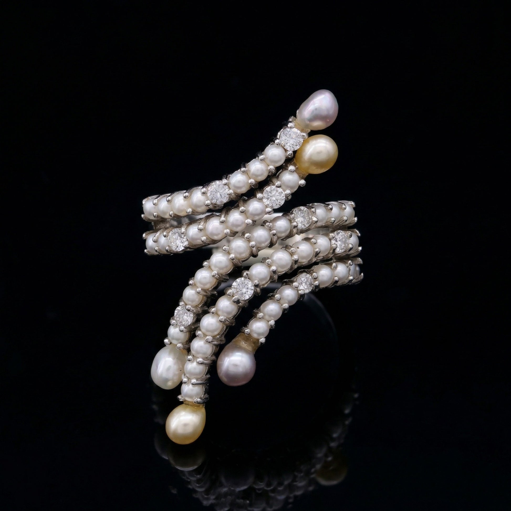 Platinum South Sea keshi pearl ring with twisted multi-row band and diamonds