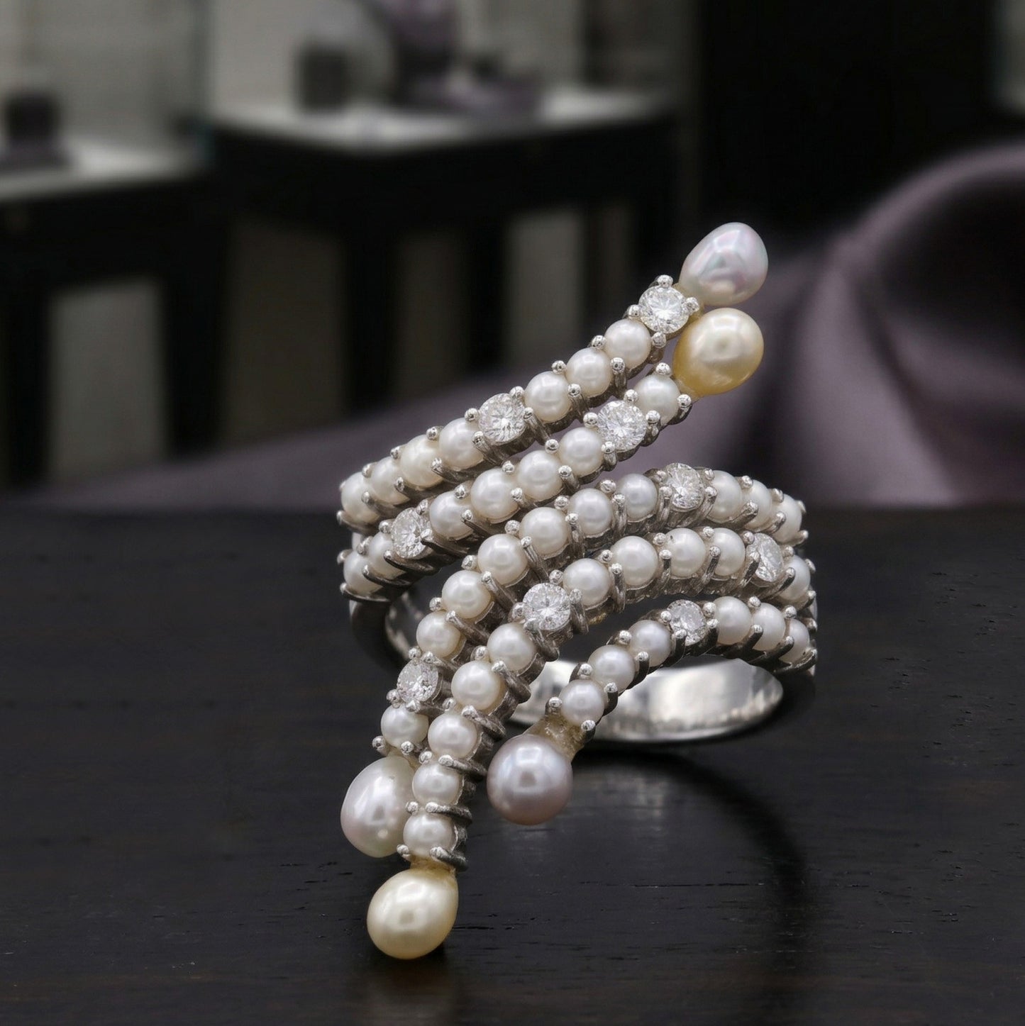 Platinum South Sea keshi pearl ring with twisted multi-row band and diamonds