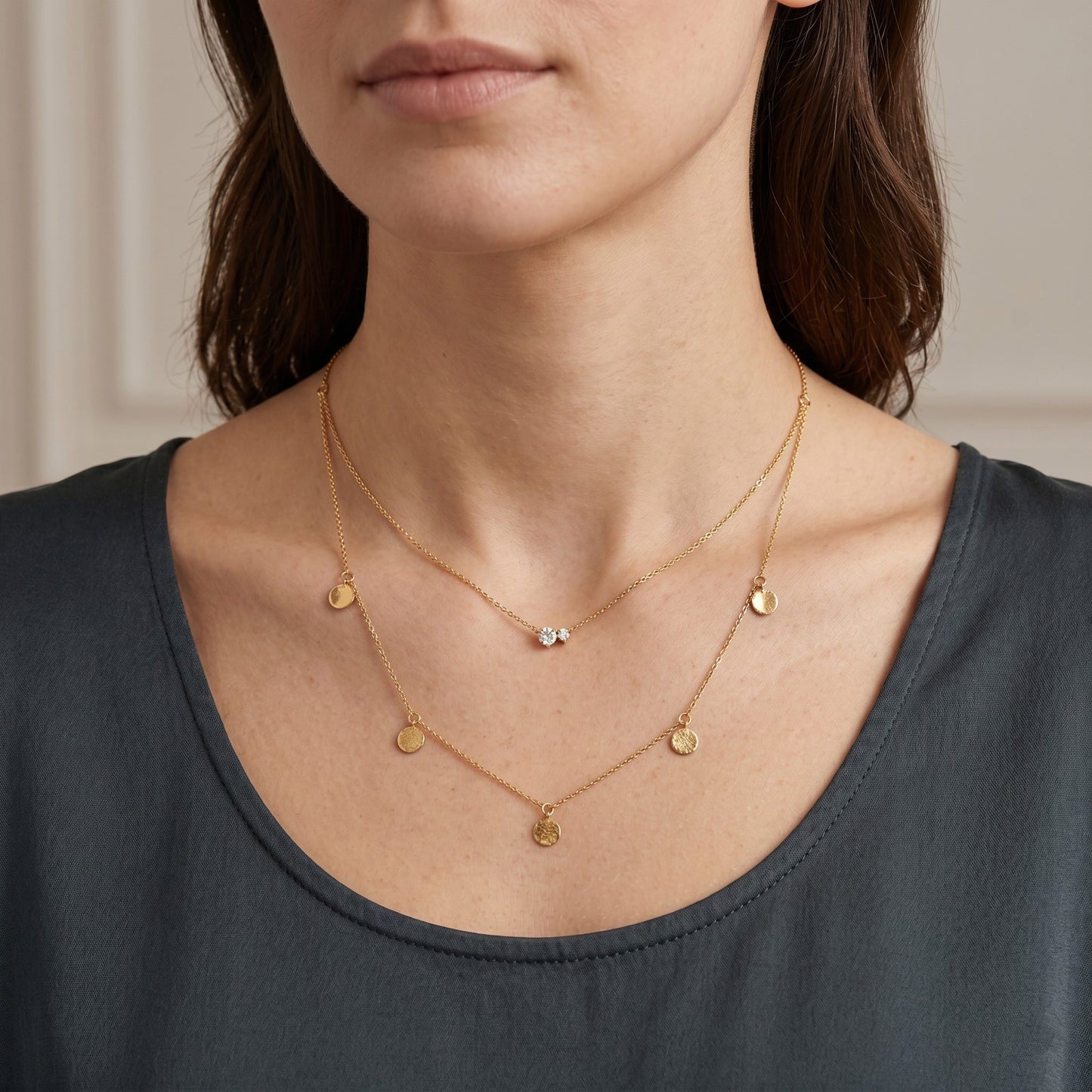 18K Yellow Gold Double-Strand Layered Necklace with Diamonds
