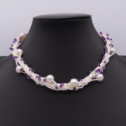 Japanese Akoya Keshi Necklace with Amethysts and South Sea Pearls