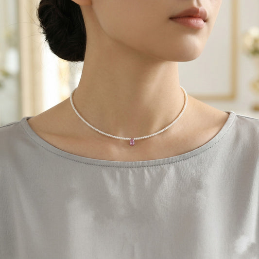 Keshi Pearl Minimalist Choker with Pink Sapphire Drop