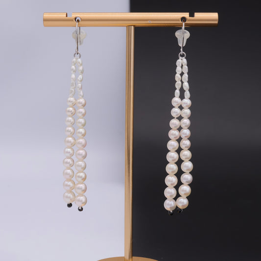 Akoya keshi pearl tassel earrings with black spinel in 18k white gold