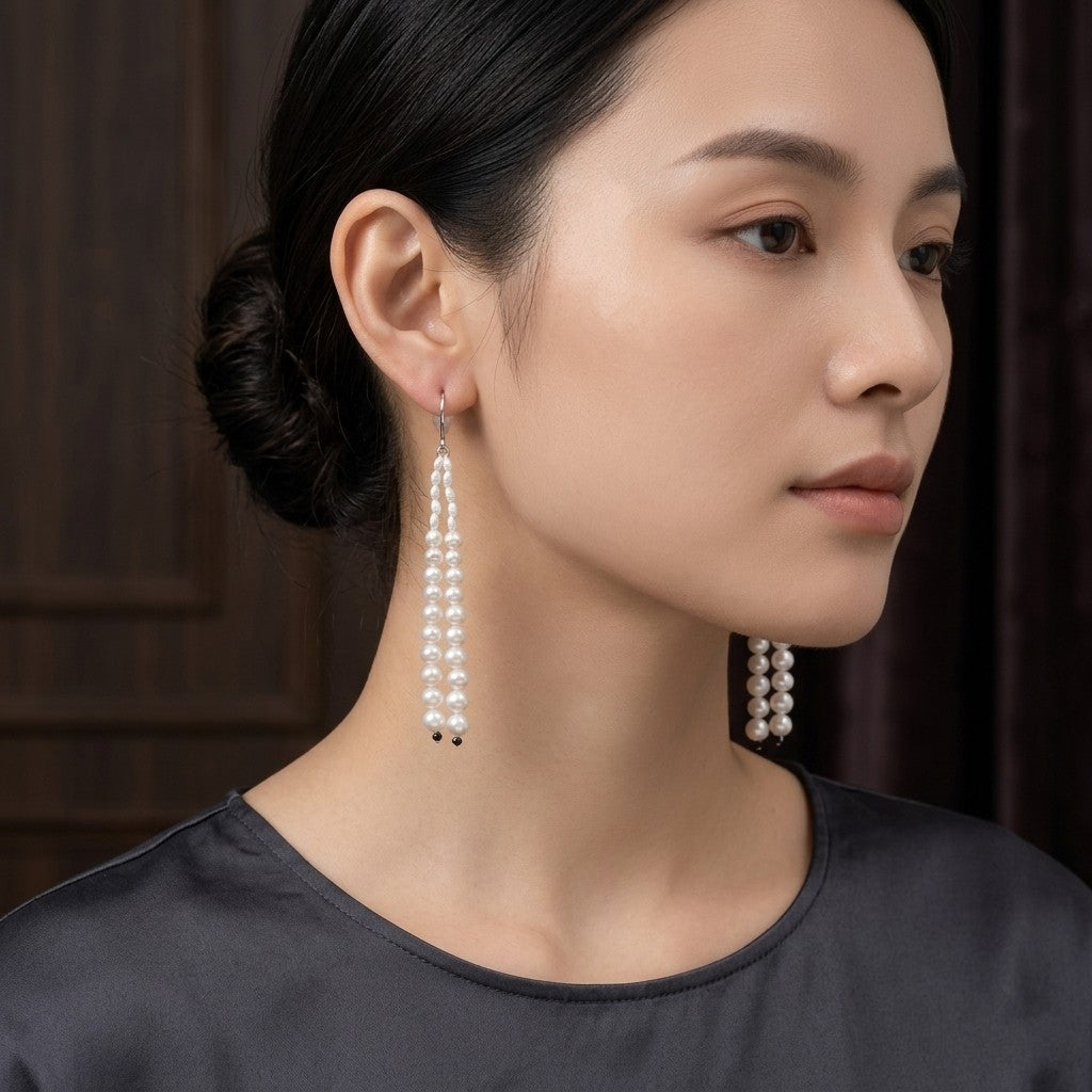 Handmade in Japan Akoya & Keshi Pearl Tassel Earrings with Black Spinel and 18KWG