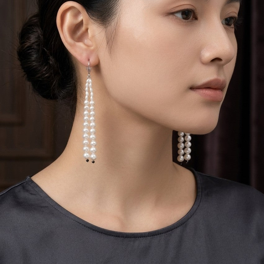 Handmade in Japan Akoya & Keshi Pearl Tassel Earrings with Black Spinel and 18KWG