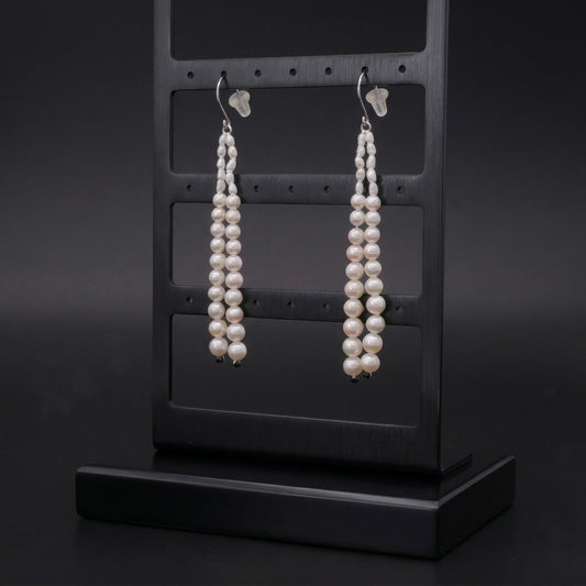 Akoya keshi pearl tassel earrings with black spinel in 18k white gold