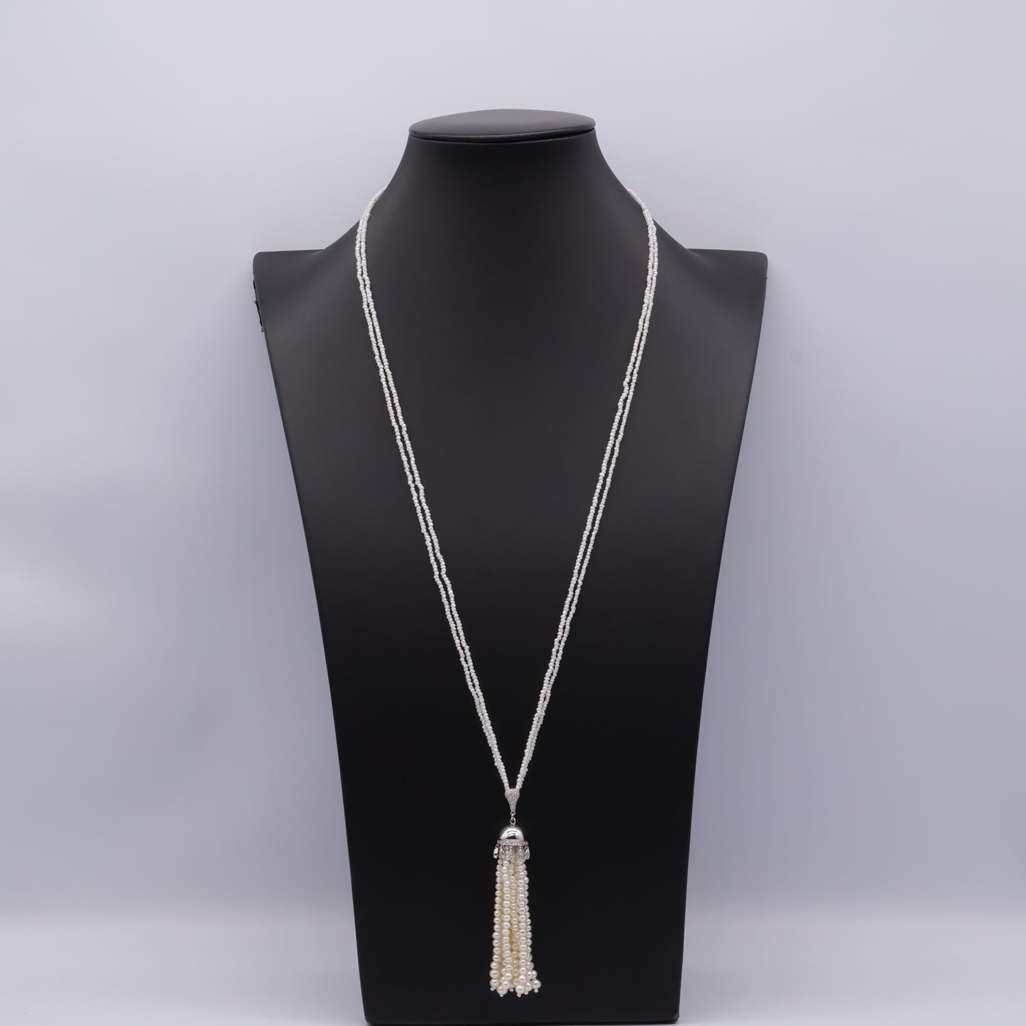 Japanese Keshi Pearl Long Necklace with Removable Diamond Tassel