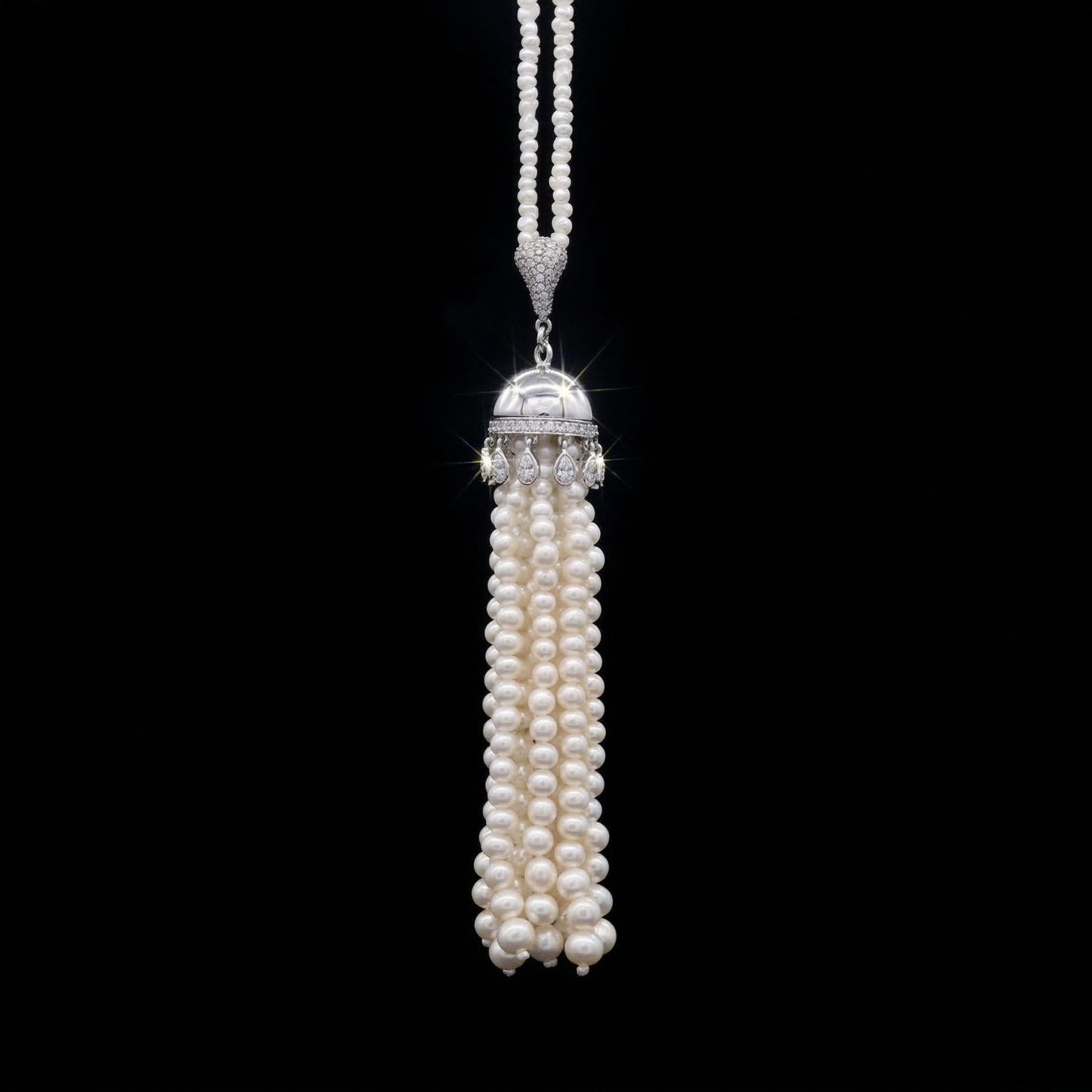 Japanese Keshi Pearl Long Necklace with Removable Diamond Tassel