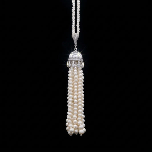 Japanese Keshi Pearl Long Necklace with Removable Diamond Tassel