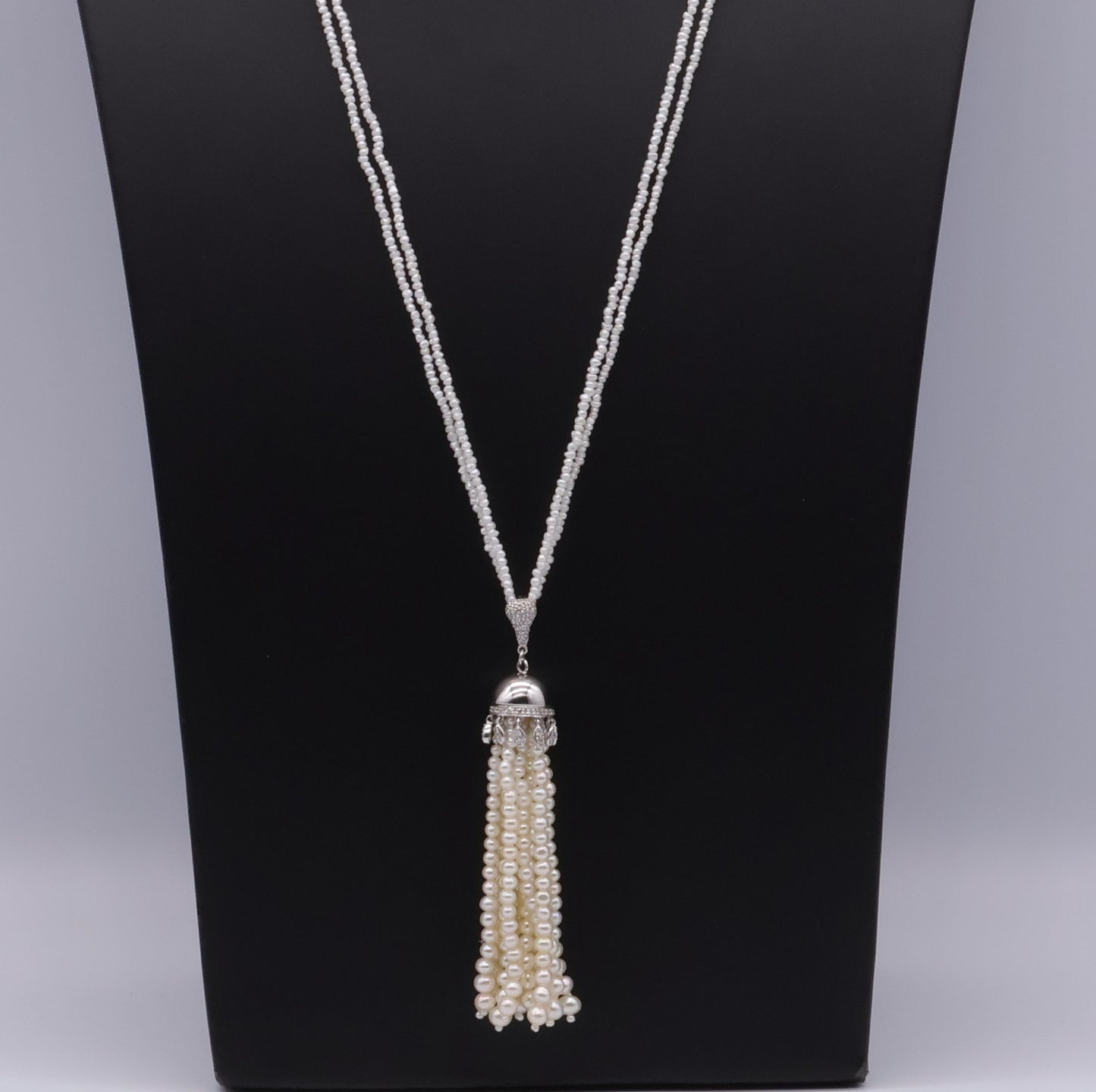 Japanese Keshi Pearl Long Necklace with Removable Diamond Tassel