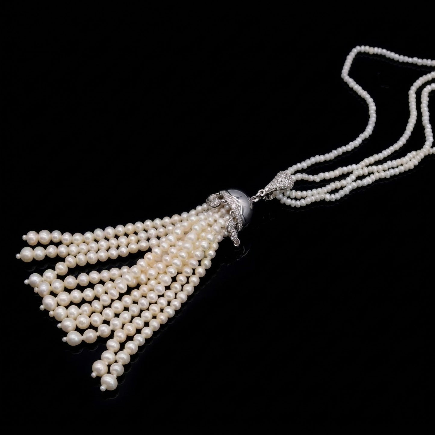 Japanese Keshi Pearl Long Necklace with Removable Diamond Tassel