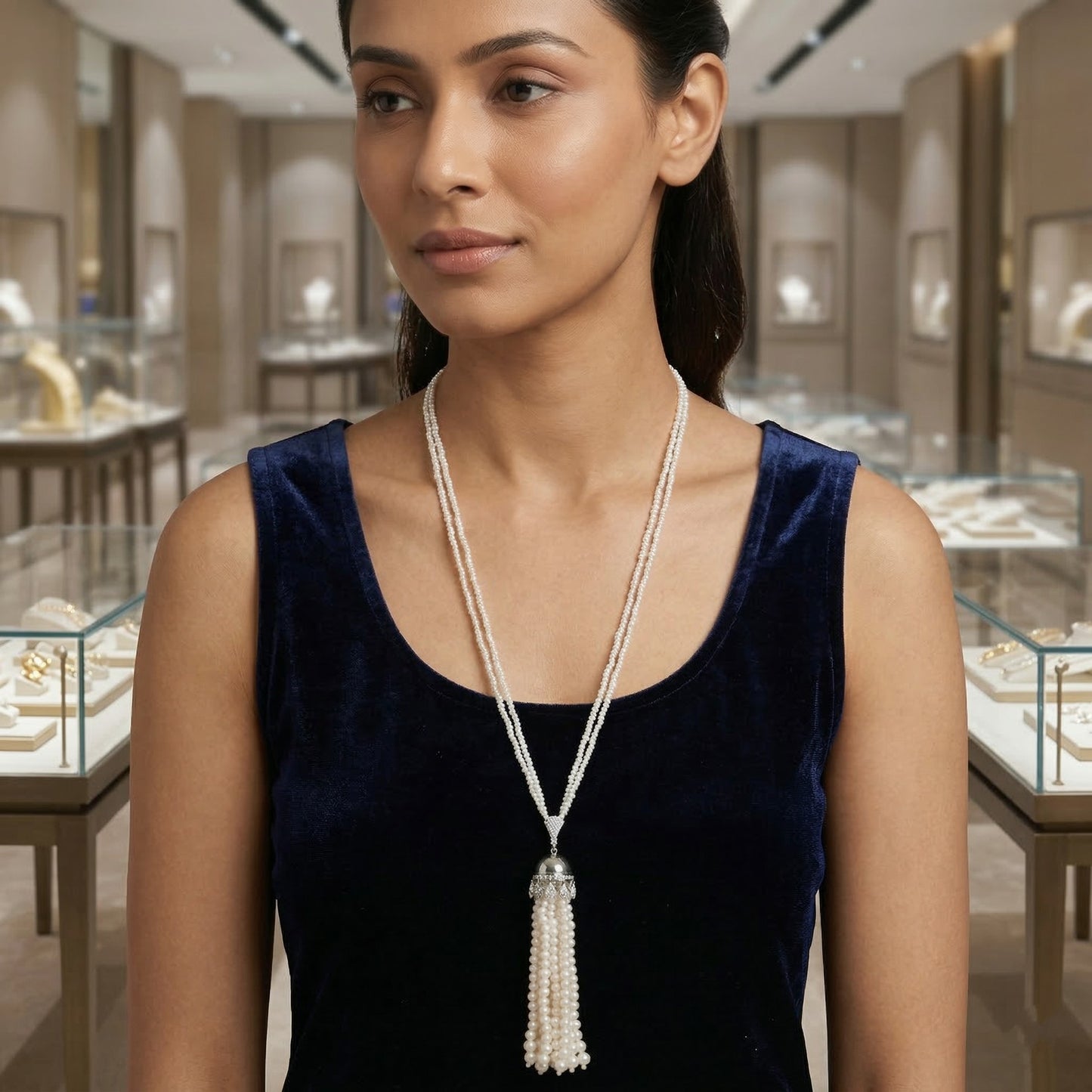 Japanese Keshi Pearl Long Necklace with Removable Diamond Tassel